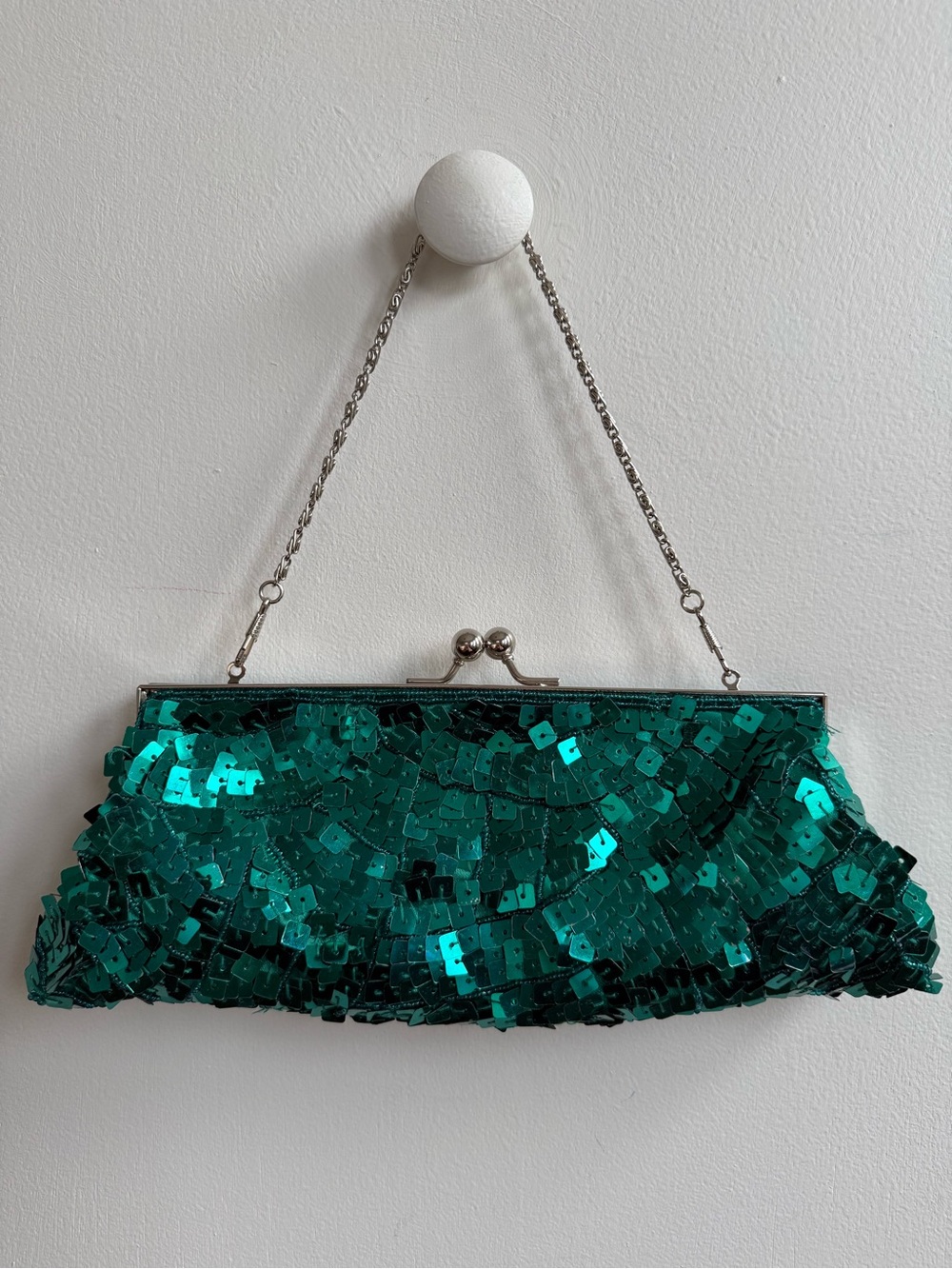 Apt. 9 Teal Sequin Clutch, Silver Kiss-Lock Frame, Chain Strap